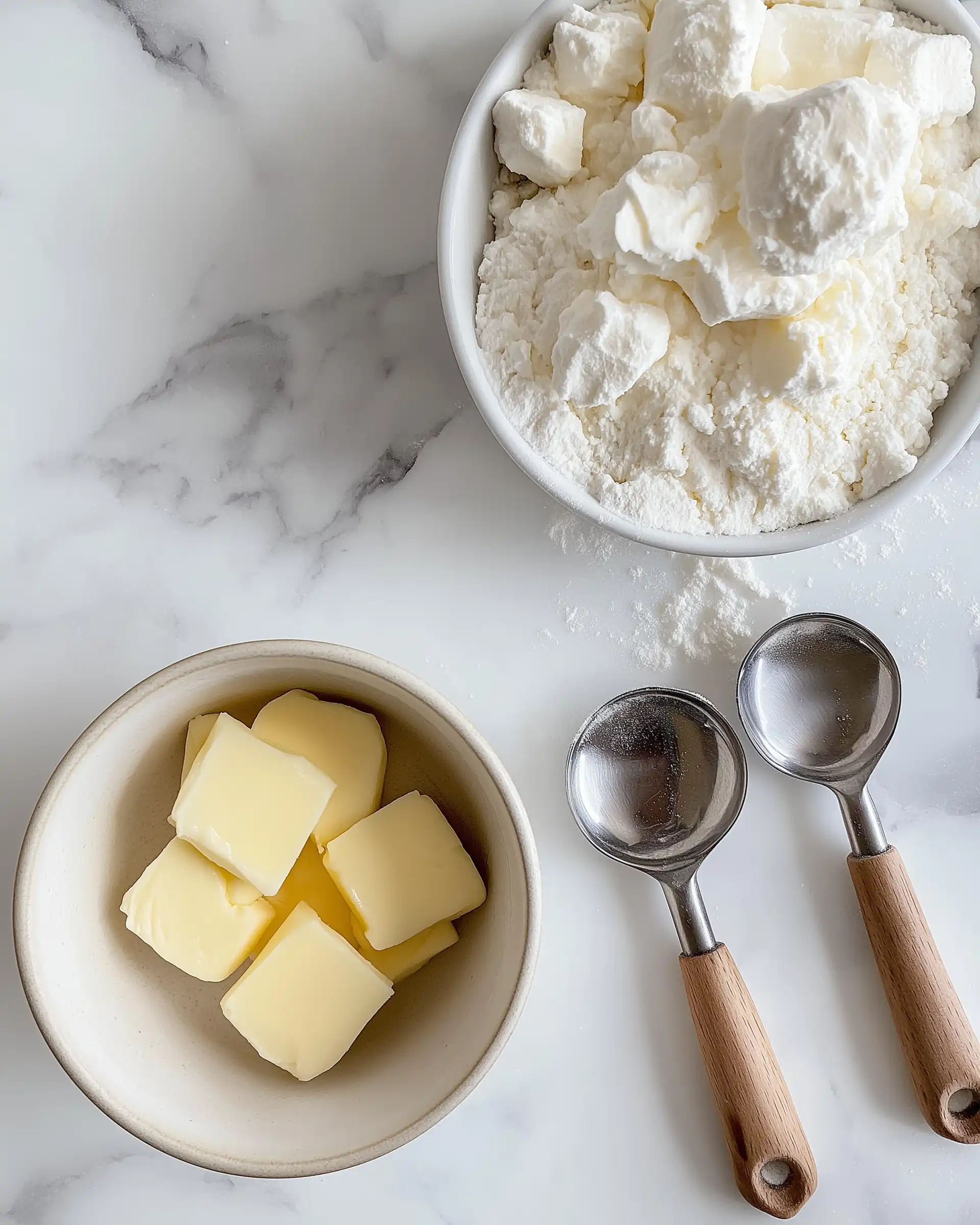  A 1/4 cup measuring cup filled with butter and a tablespoon, showcasing how many tbsp in 1/4 cup, on white marble background.