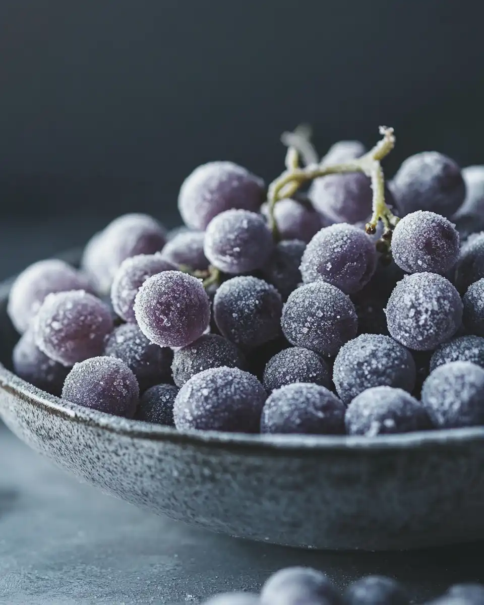 Close-up of cotton candy grapes on a white marble background, capturing their texture and color.
