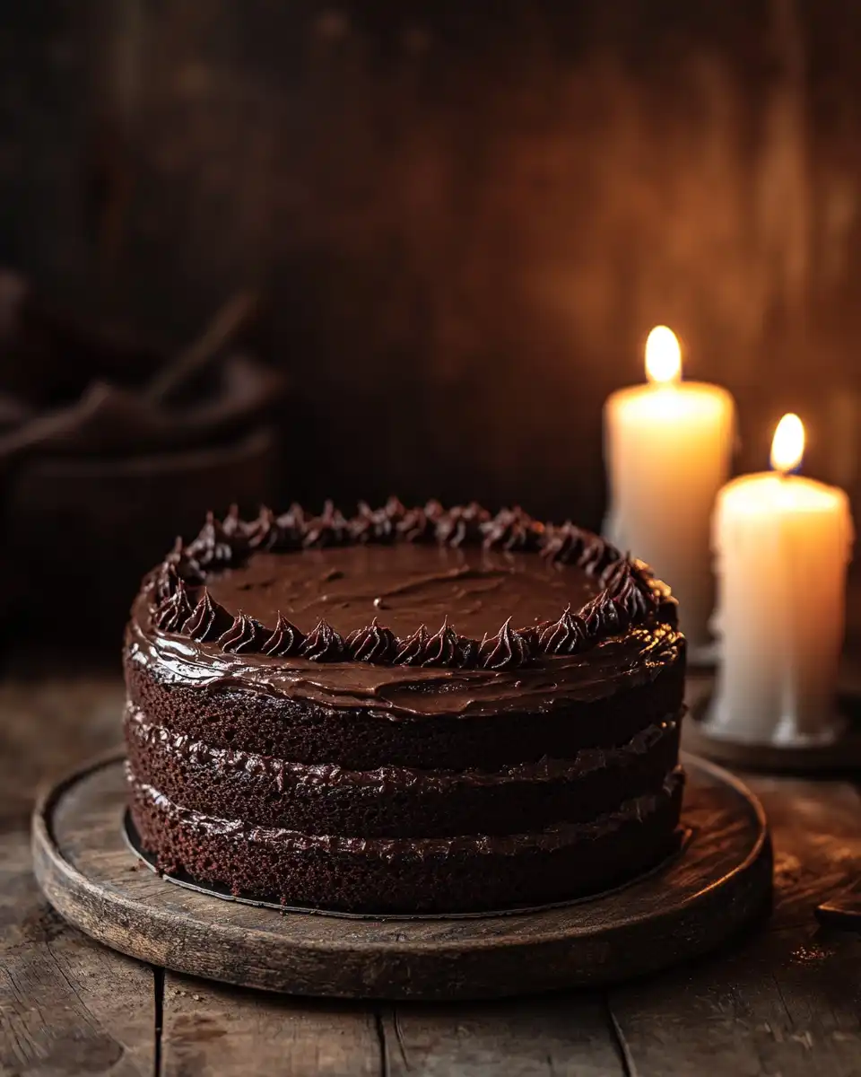 Whole matilda chocolate cake with chocolate ganache on a cake stand.