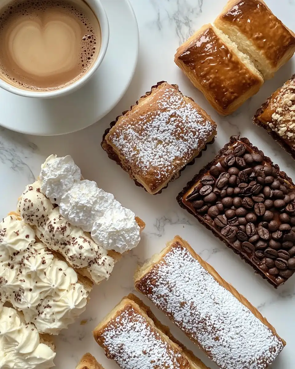 A selection of french pastries arranged with a cup of coffee.