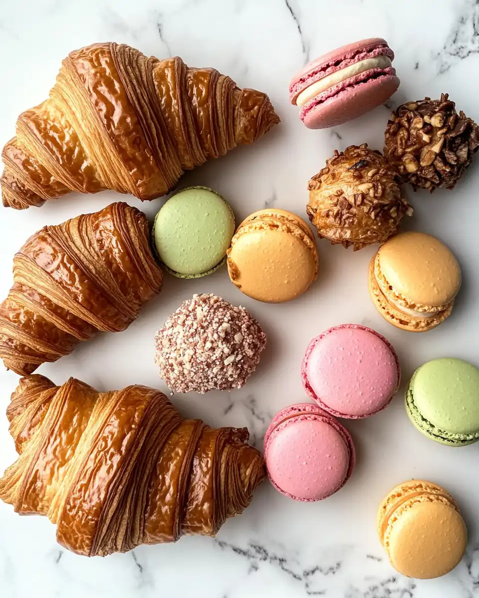 A close-up top down view of french pastries, including croissants and macarons.