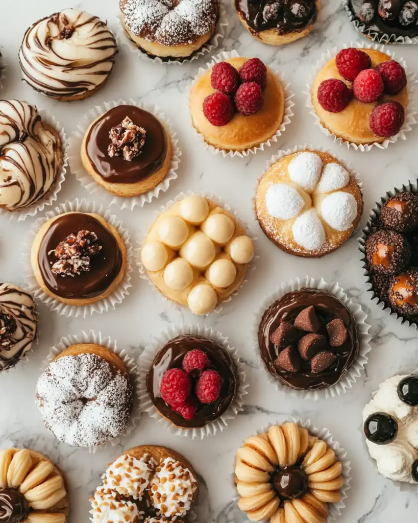 A top-down view of an assortment of french pastries on a white marble surface.