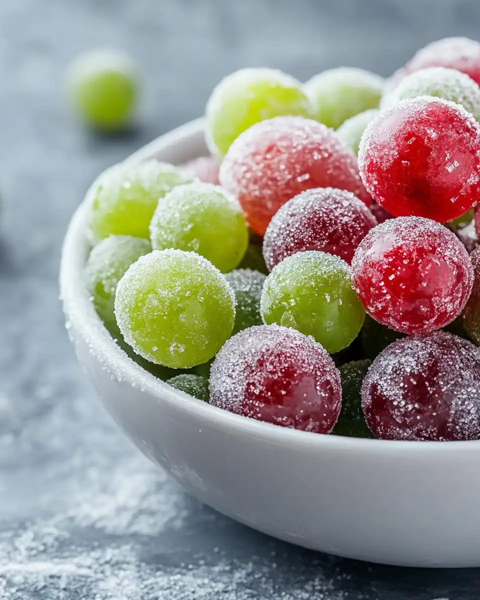  Close-up of cotton candy grapes on a white marble background, capturing their texture and color.