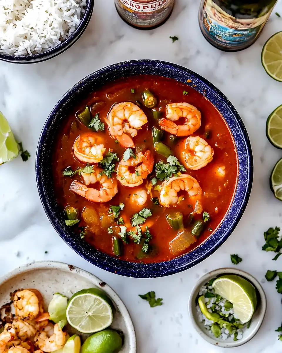 Close-up shot of a bowl of caldo de camaron, highlighting the shrimp.