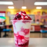 A colorful cup of raspado topped with mango slices and chamoy.