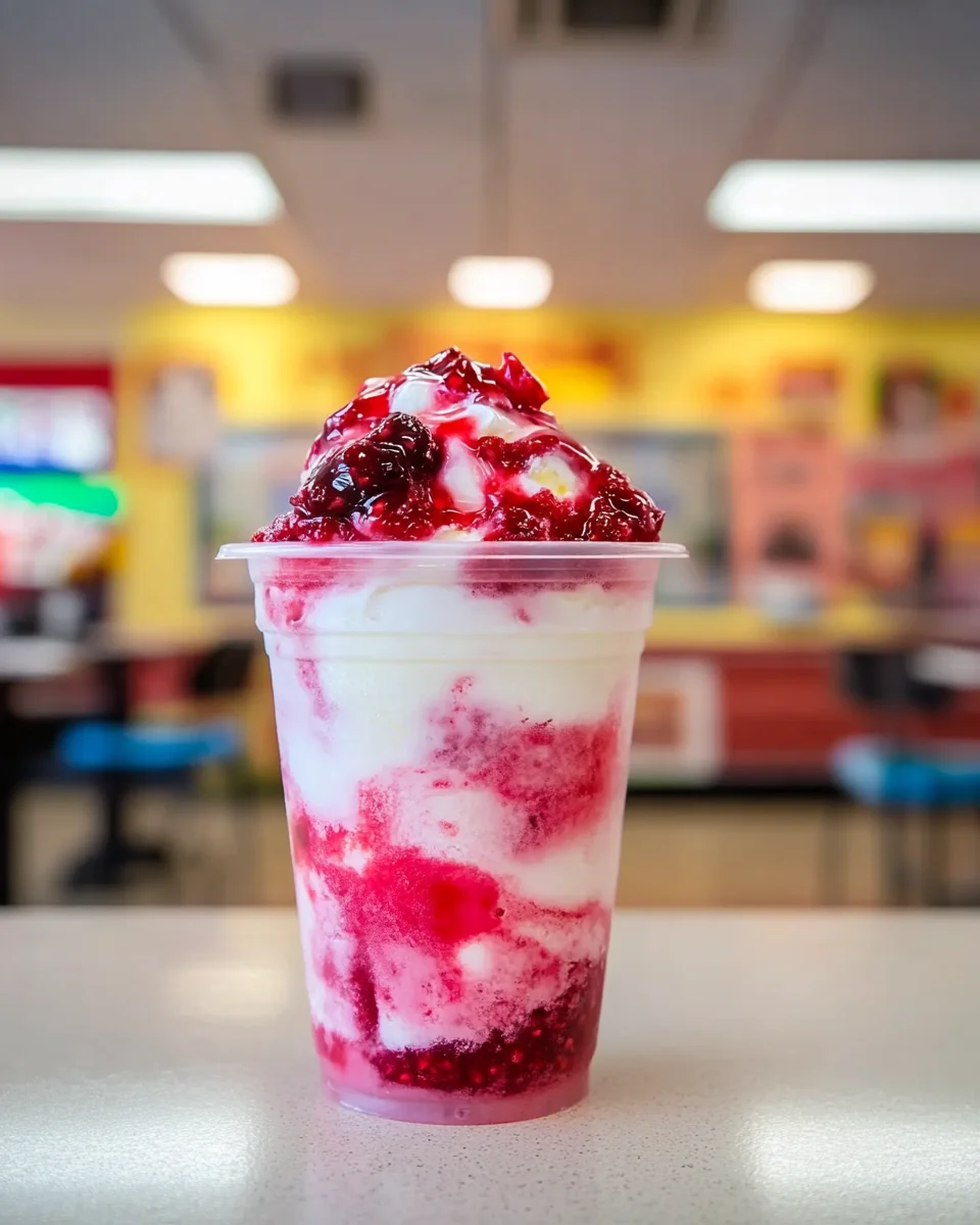 A colorful cup of raspado topped with mango slices and chamoy.