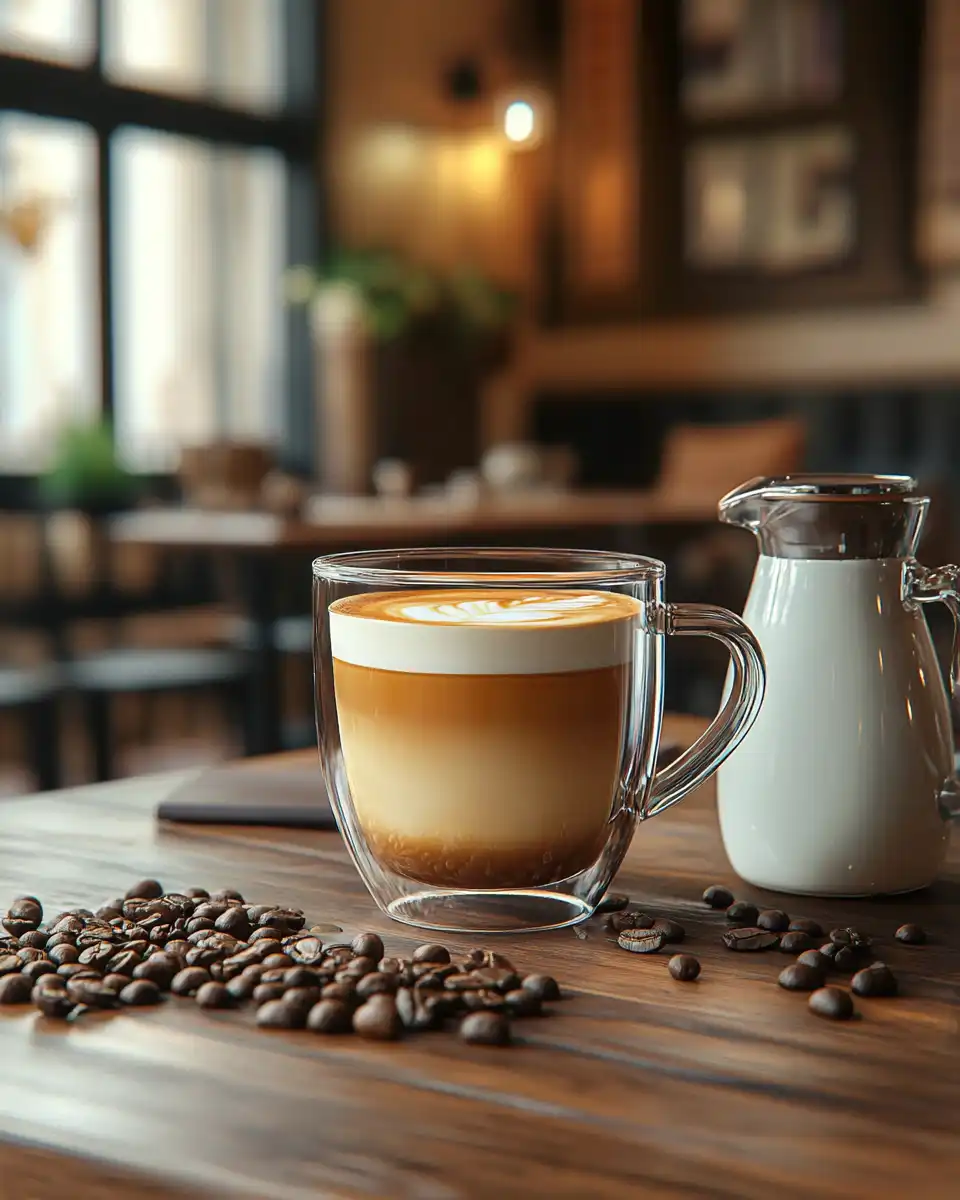 Close-up of a glass mug with a latte and heart-shaped latte art, surrounded by coffee beans and a milk jug.