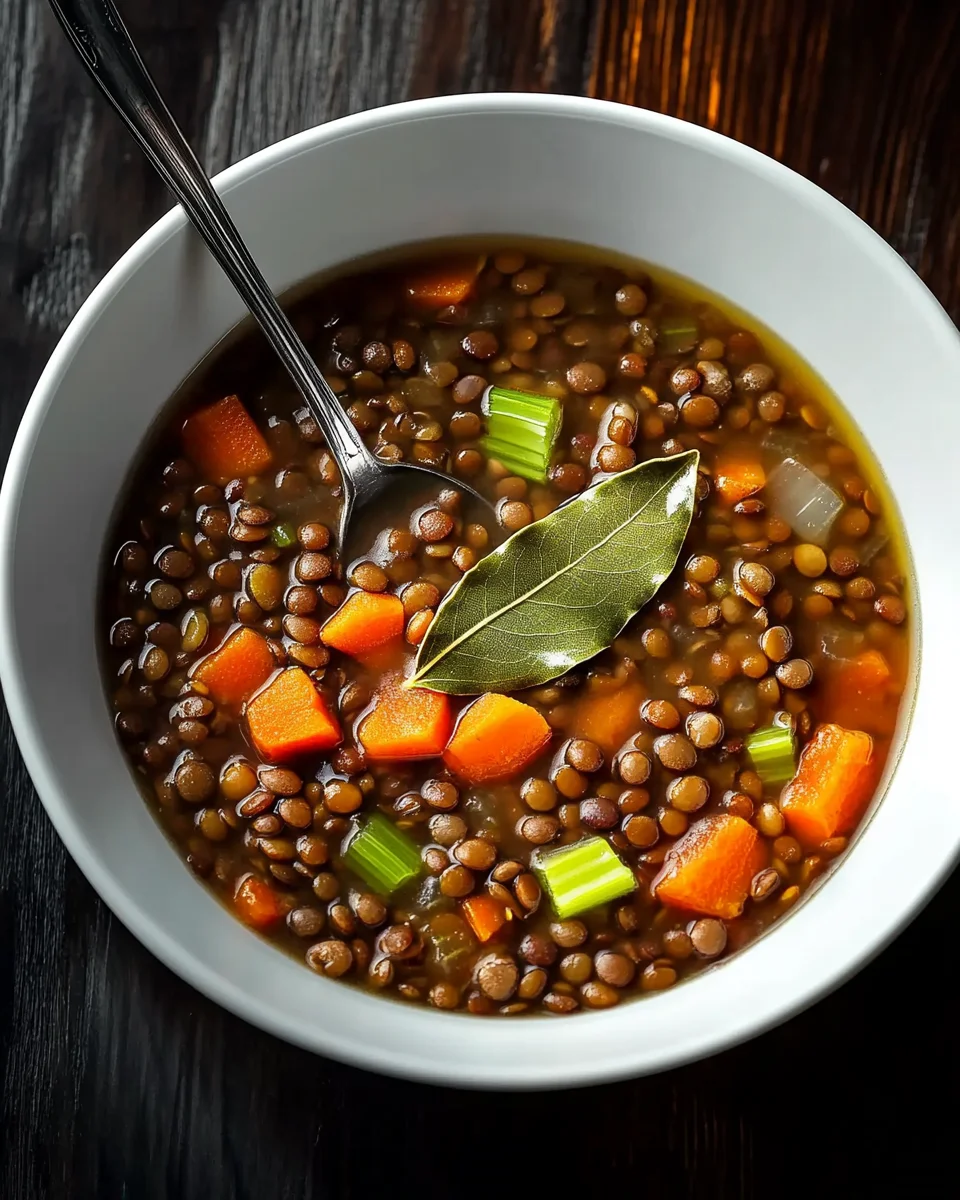 Homemade Lentil Soup Garnished with Bay Leaf