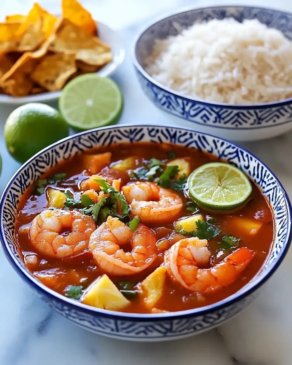 A top-down view of a bowl of caldo de camaron on a white marble surface.