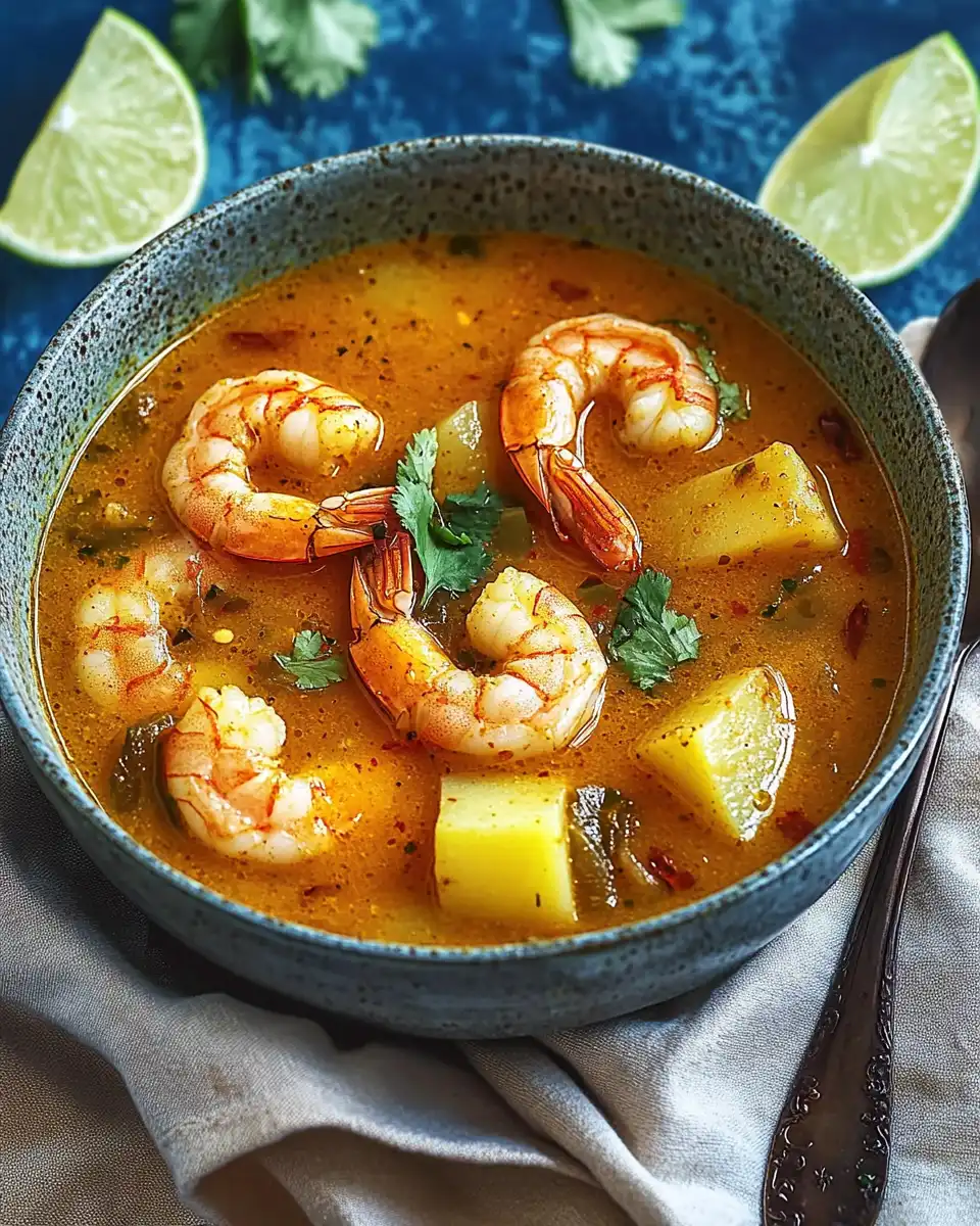  A bowl of caldo de camaron with garnishes, such as lime and cilantro.