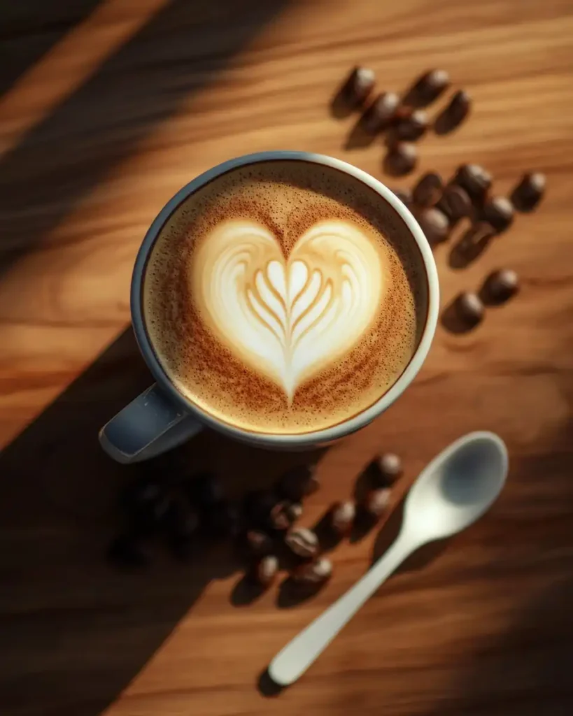 Close-up of a cup of cortado with a heart-shaped latte art design, surrounded by coffee beans and a spoon