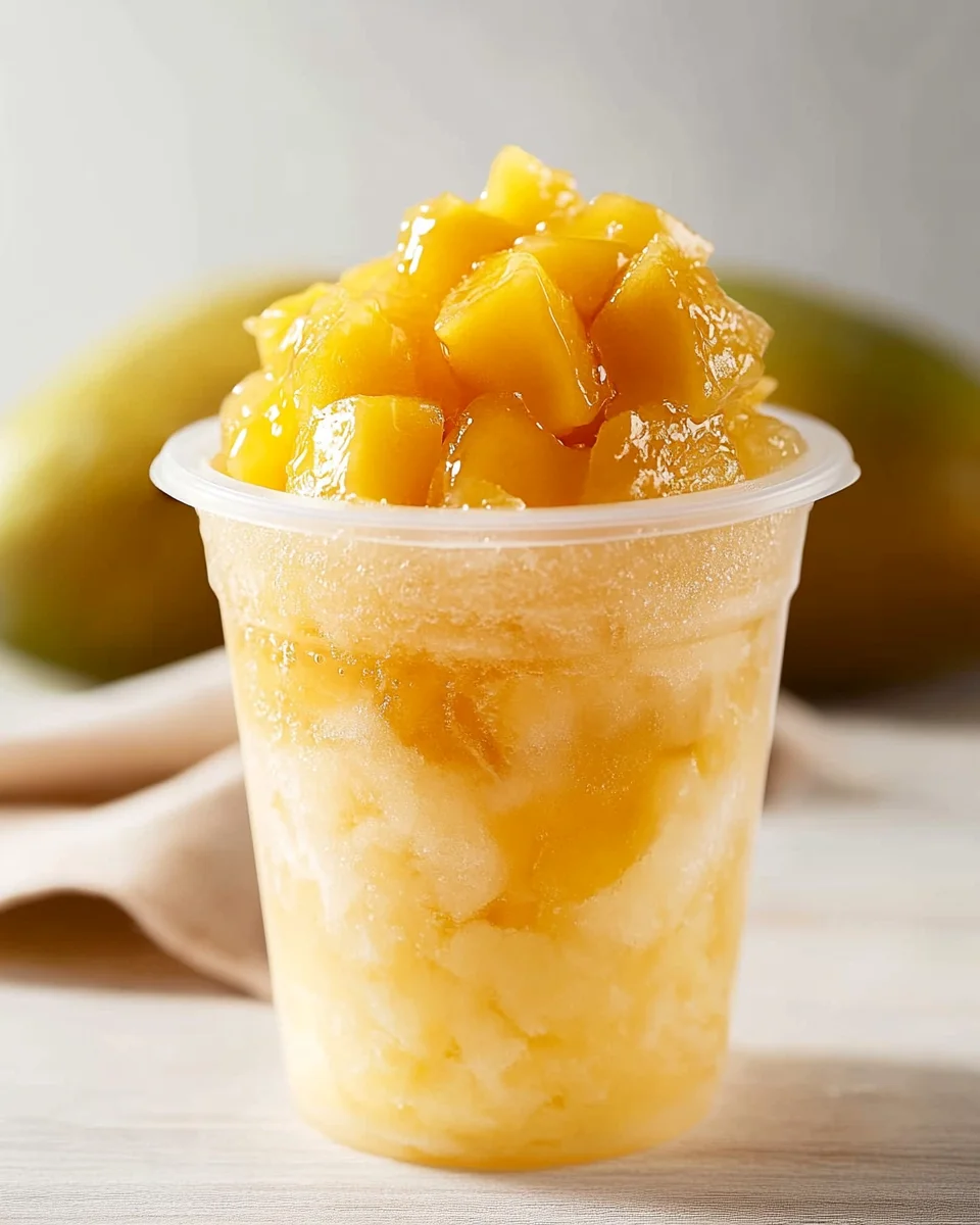 A colorful cup of raspado topped with mango slices and chamoy.