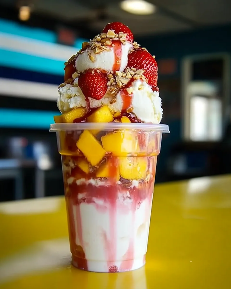 A colorful cup of raspado topped with mango slices and chamoy.