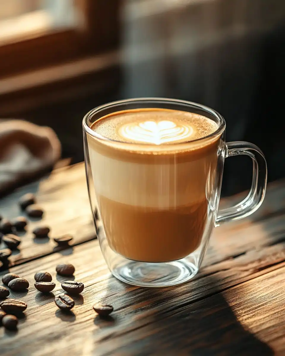 Close-up of a cup of latte with heart-shaped latte art on top, surrounded by scattered coffee beans.