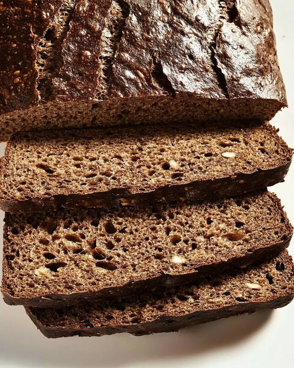  A whole loaf of pumpernickel on a white marble countertop.