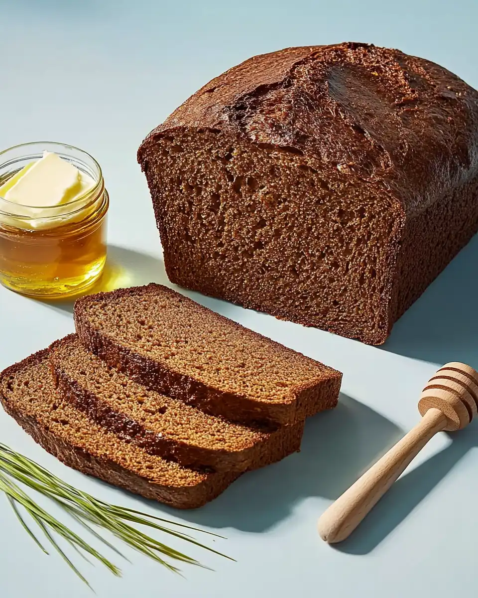 Slices of pumpernickel bread on a white marble surface.