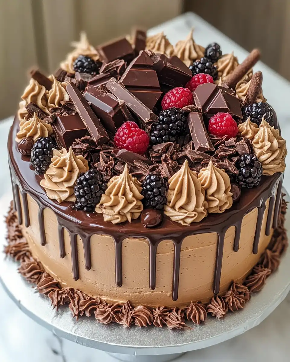 Decadent matilda chocolate cake on a white marble surface.