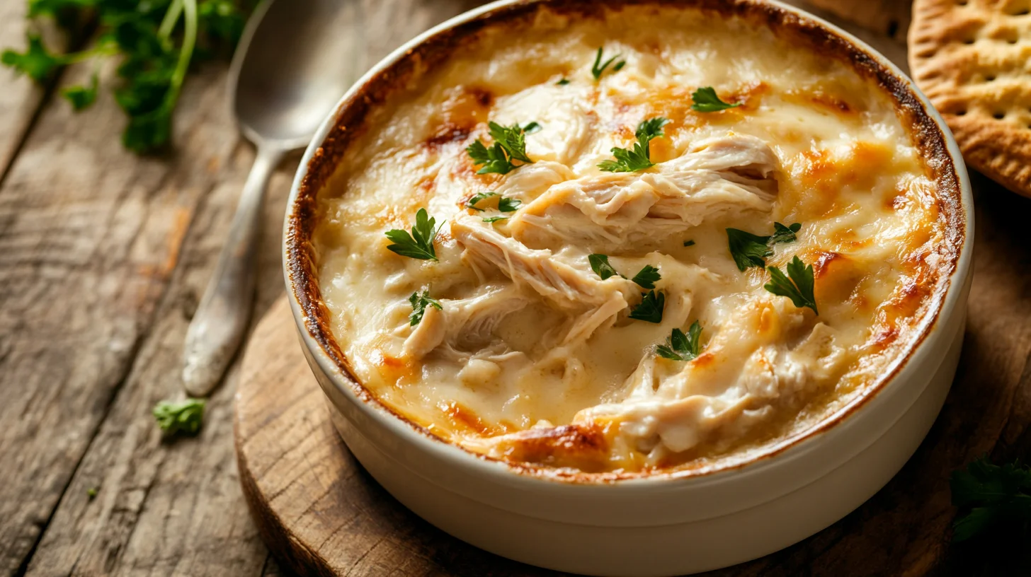 Million Dollar Chicken Casserole with crispy cracker topping served in a baking dish.