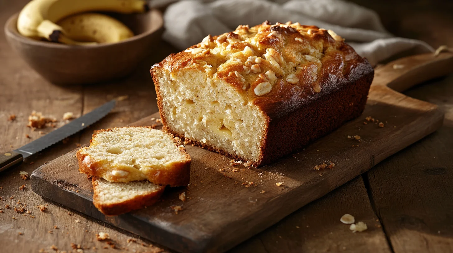 3 Ingredient Banana Bread on a cutting board with a slice removed.