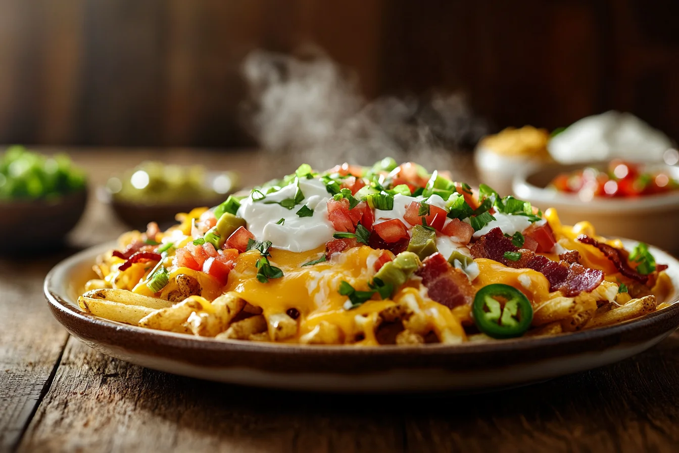  Delicious loaded fries topped with melted cheese, crispy bacon, and fresh green onions