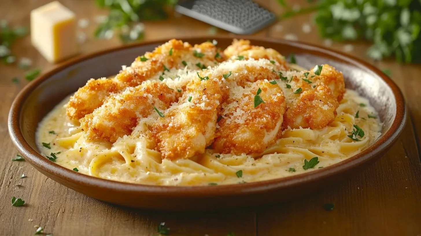 Garlic Parmesan Chicken Pasta in a skillet with fresh parsley