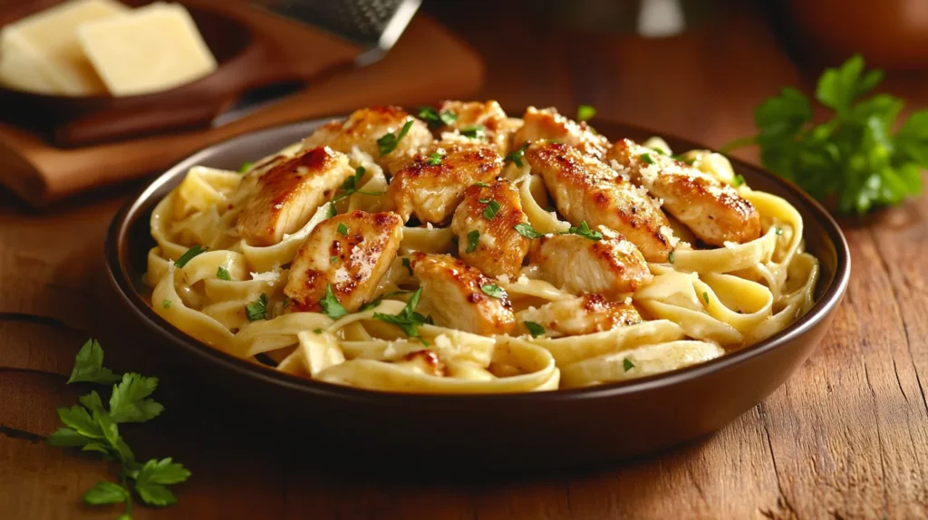 Garlic Parmesan Chicken Pasta in a skillet with fresh parsley