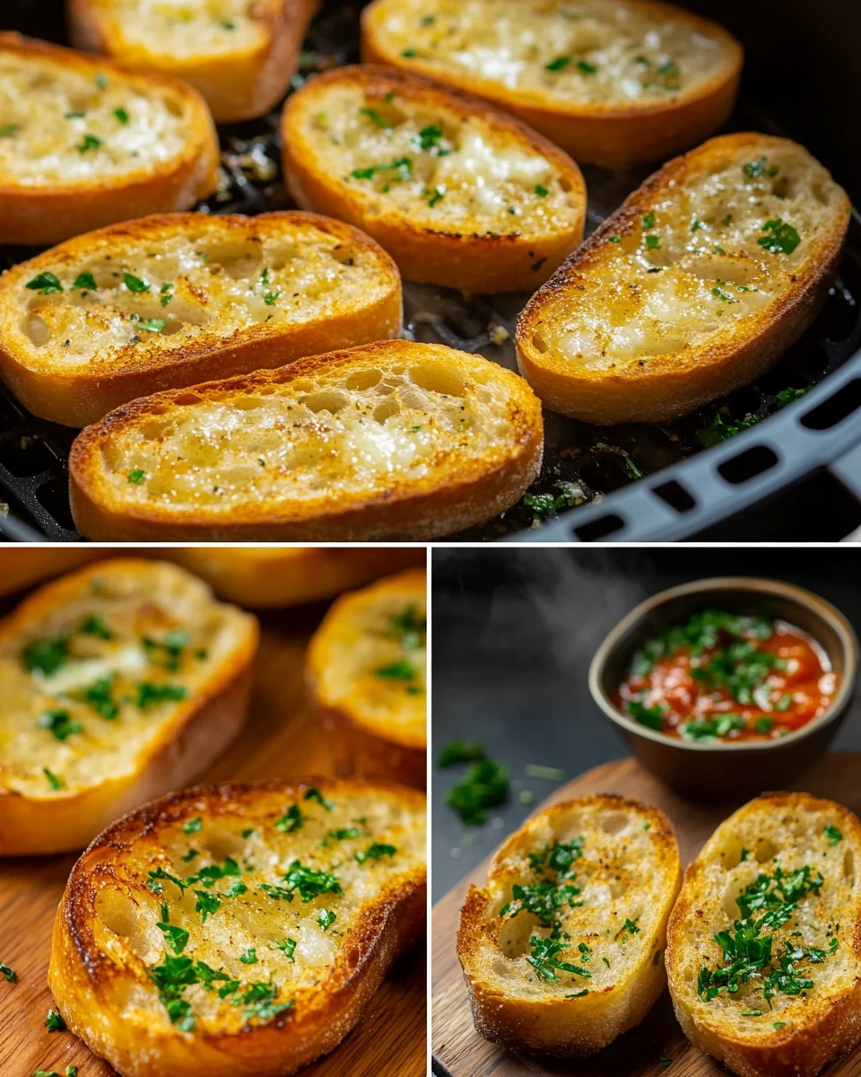 Garlic bread in air fryer with golden crispy edges.