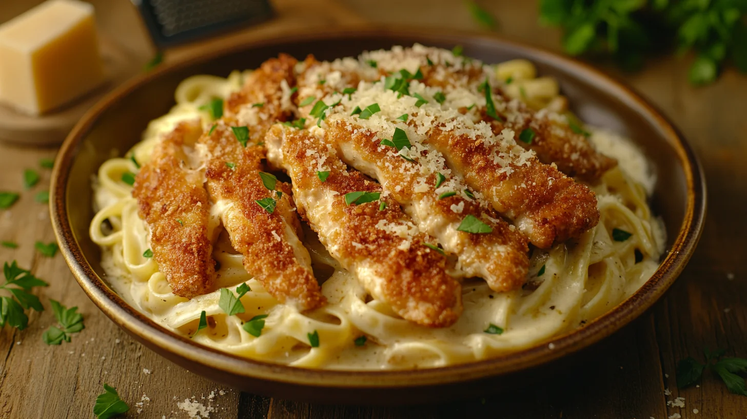 Garlic Parmesan Chicken Pasta in a skillet with fresh parsley