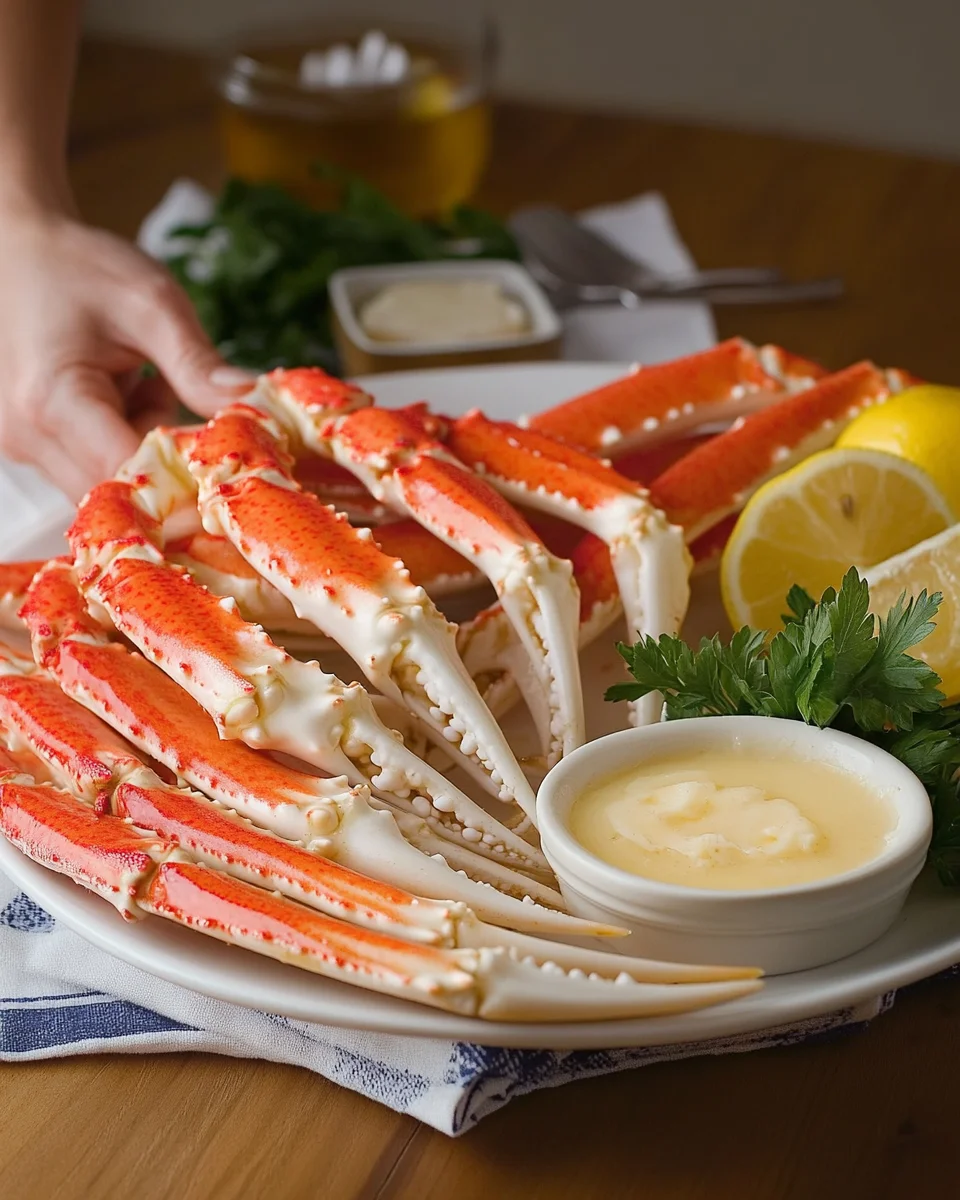 Snow crab legs served with garlic butter on a plate.