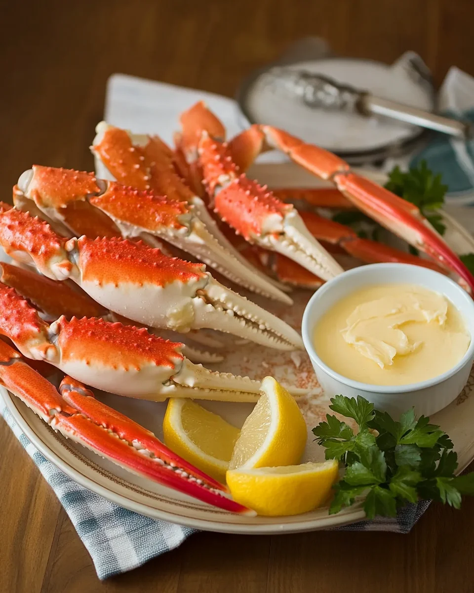 Snow crab legs served with garlic butter on a plate.