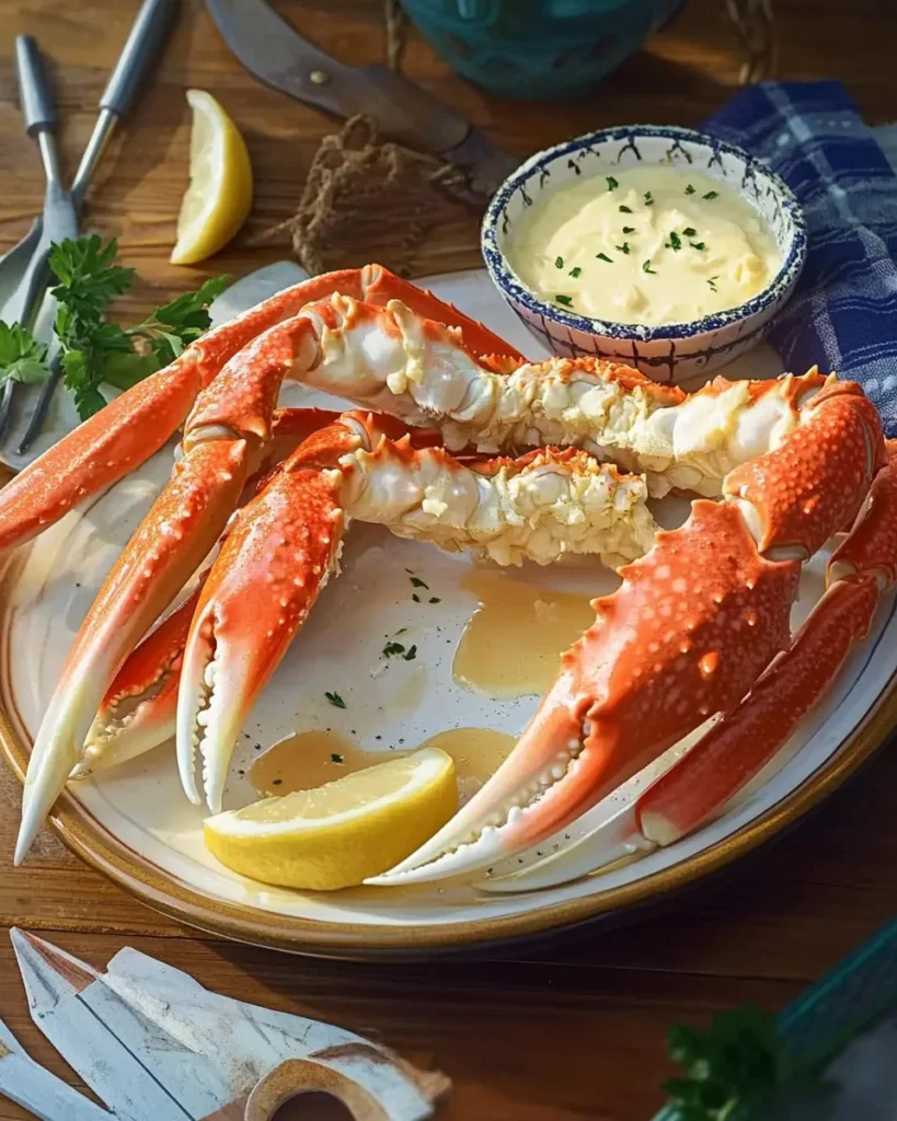 Snow crab legs served with garlic butter on a plate