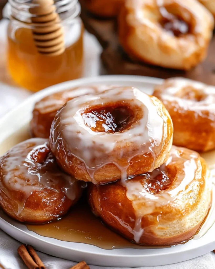 Honey buns fresh out of the oven, topped with a shiny honey glaze.