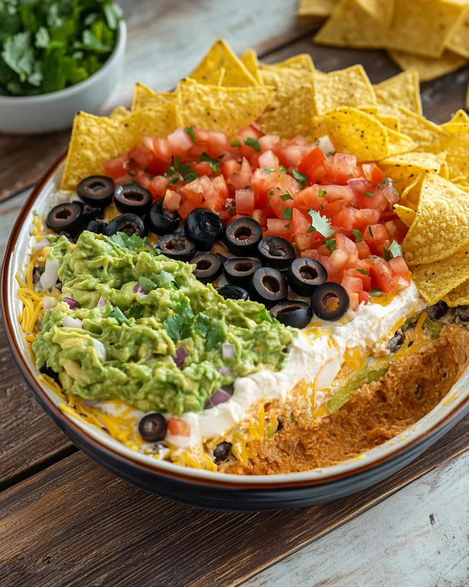 A bowl of taco dip topped with cheese, tomatoes, olives, and green onions.