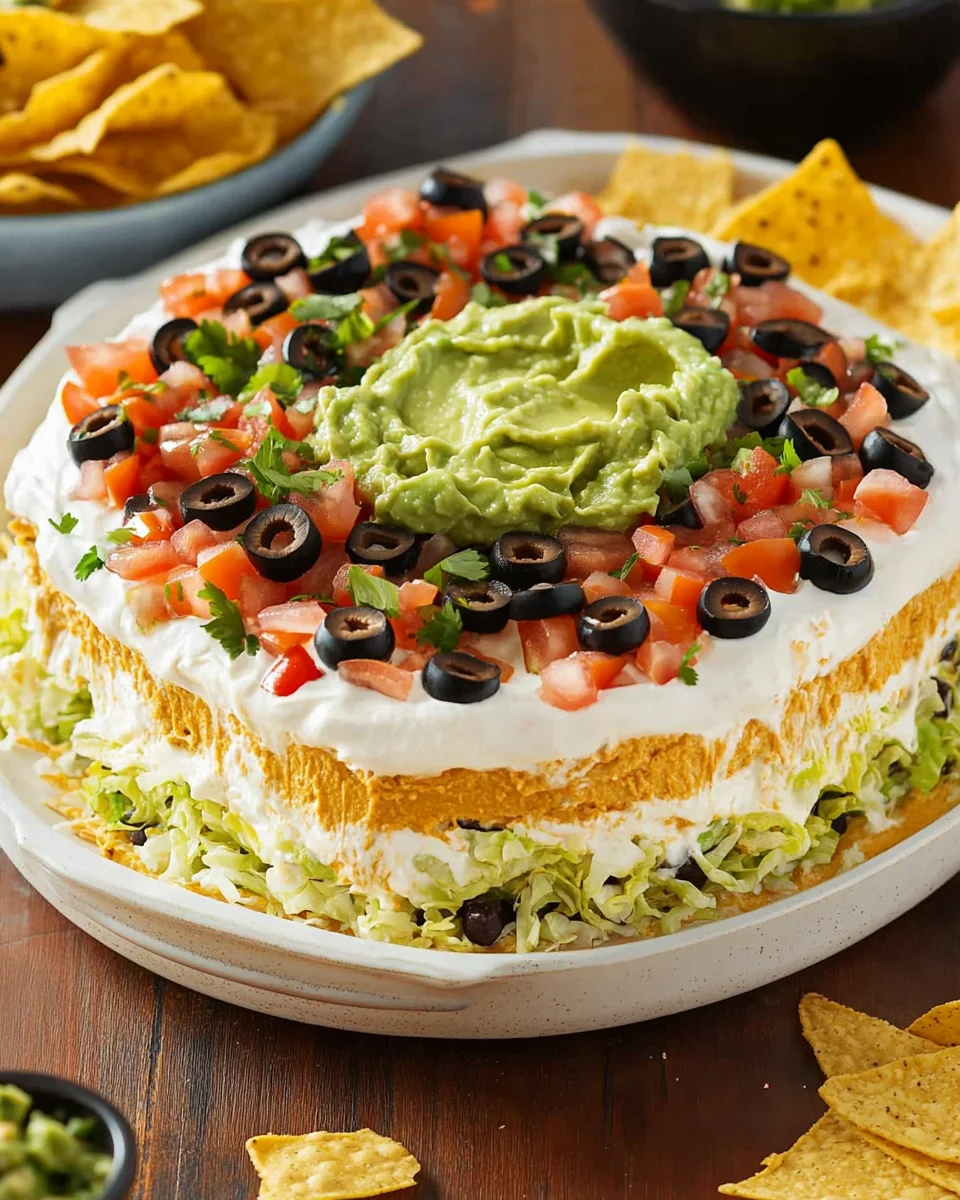 A bowl of taco dip topped with cheese, tomatoes, olives, and green onions.