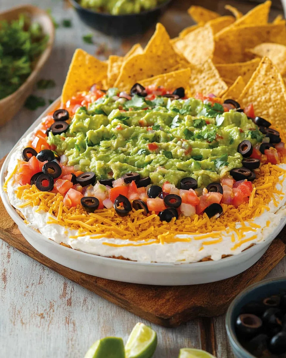 A bowl of taco dip topped with cheese, tomatoes, olives, and green onions.