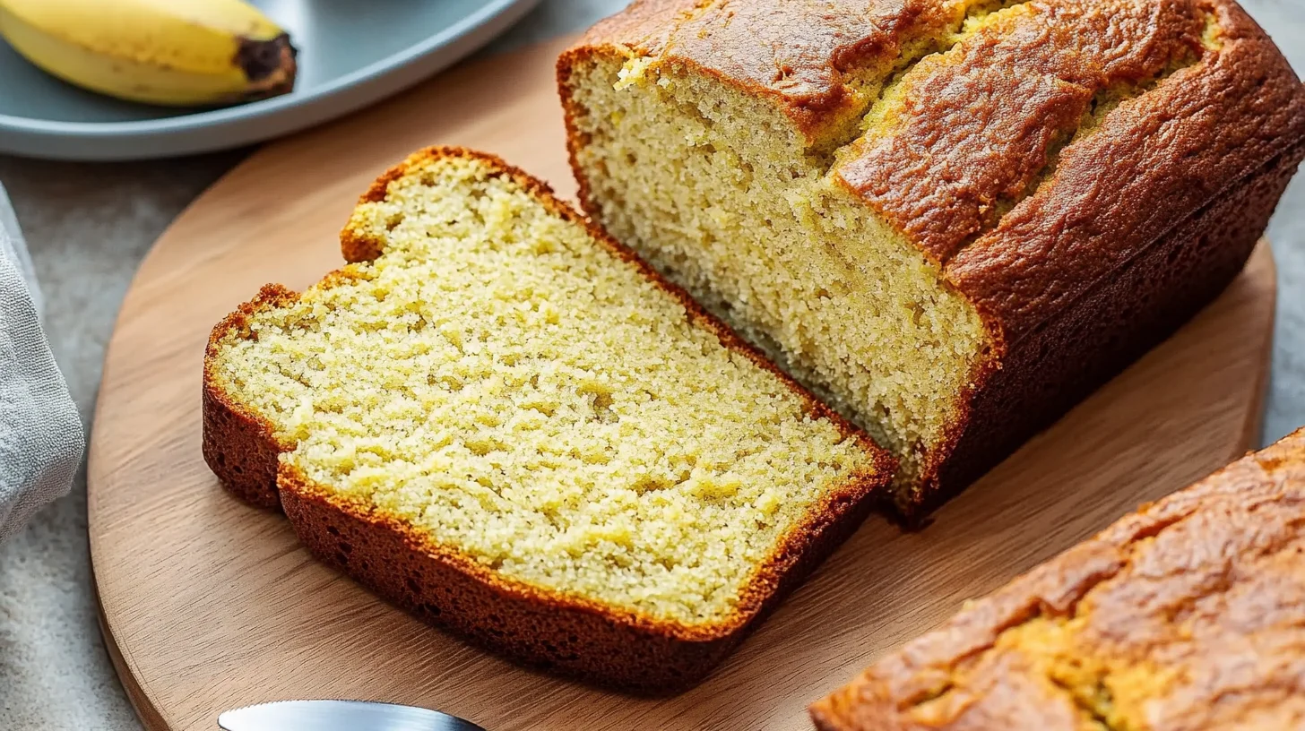 3 Ingredient Banana Bread on a cutting board with a slice removed.