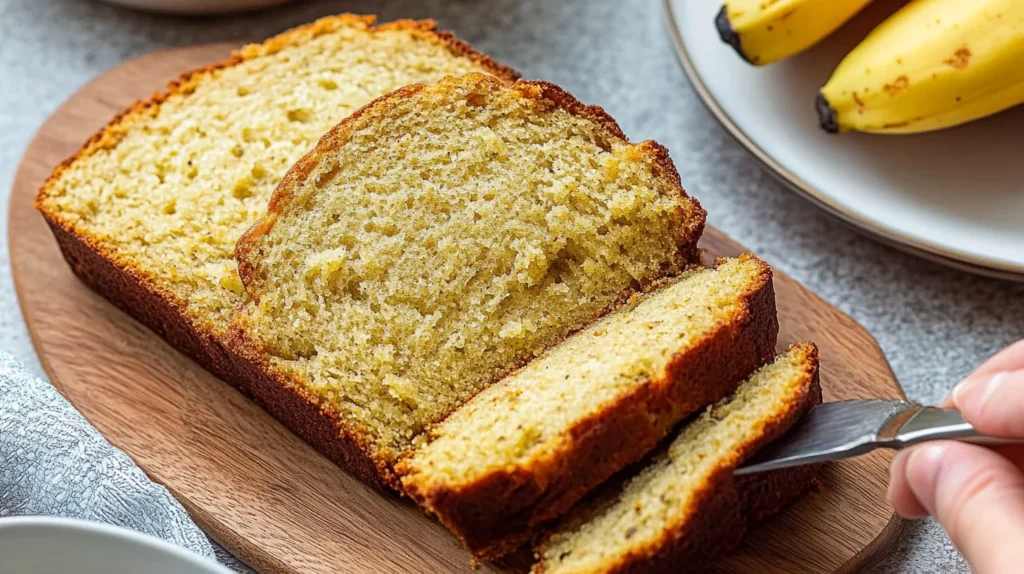 3 Ingredient Banana Bread on a cutting board with a slice removed.