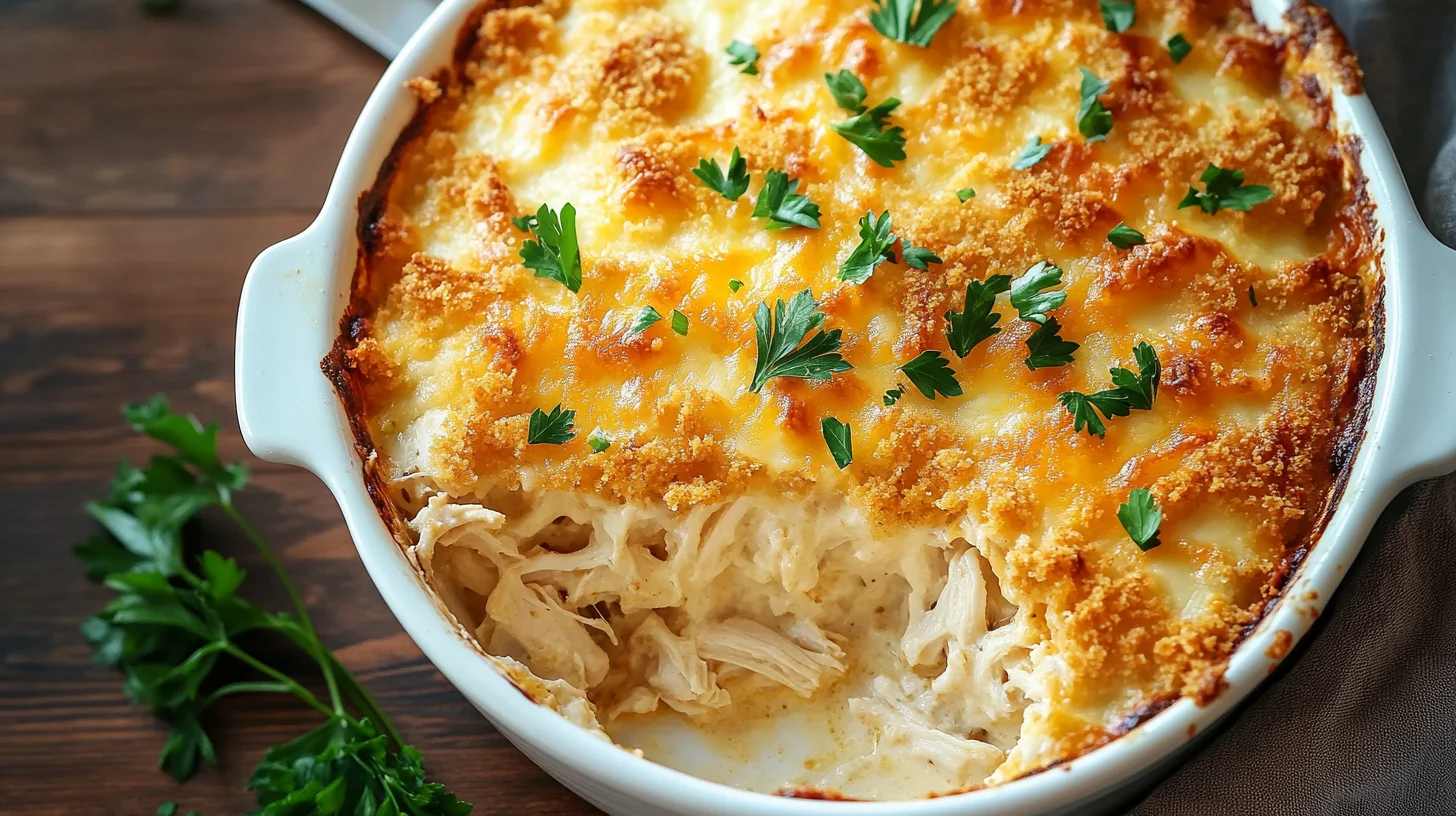 Million Dollar Chicken Casserole with crispy cracker topping served in a baking dish.