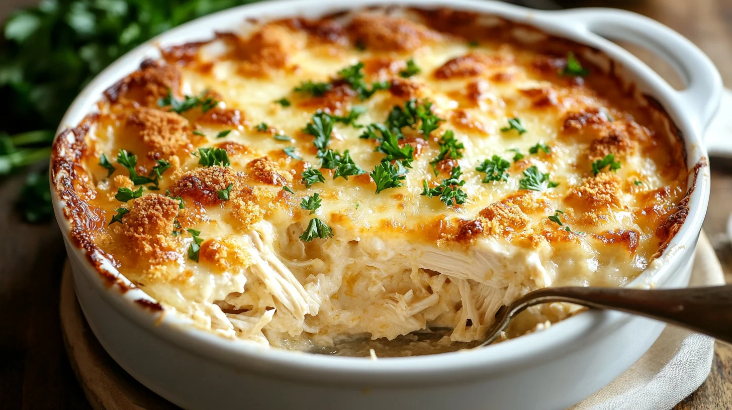 Million Dollar Chicken Casserole with crispy cracker topping served in a baking dish.