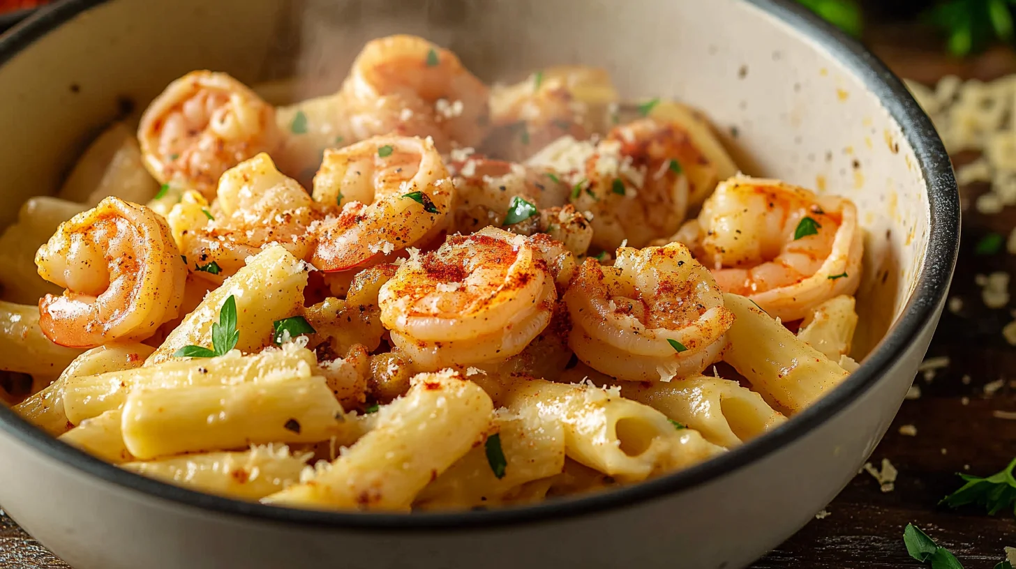 Cajun Shrimp Pasta served with creamy sauce and Cajun spices.