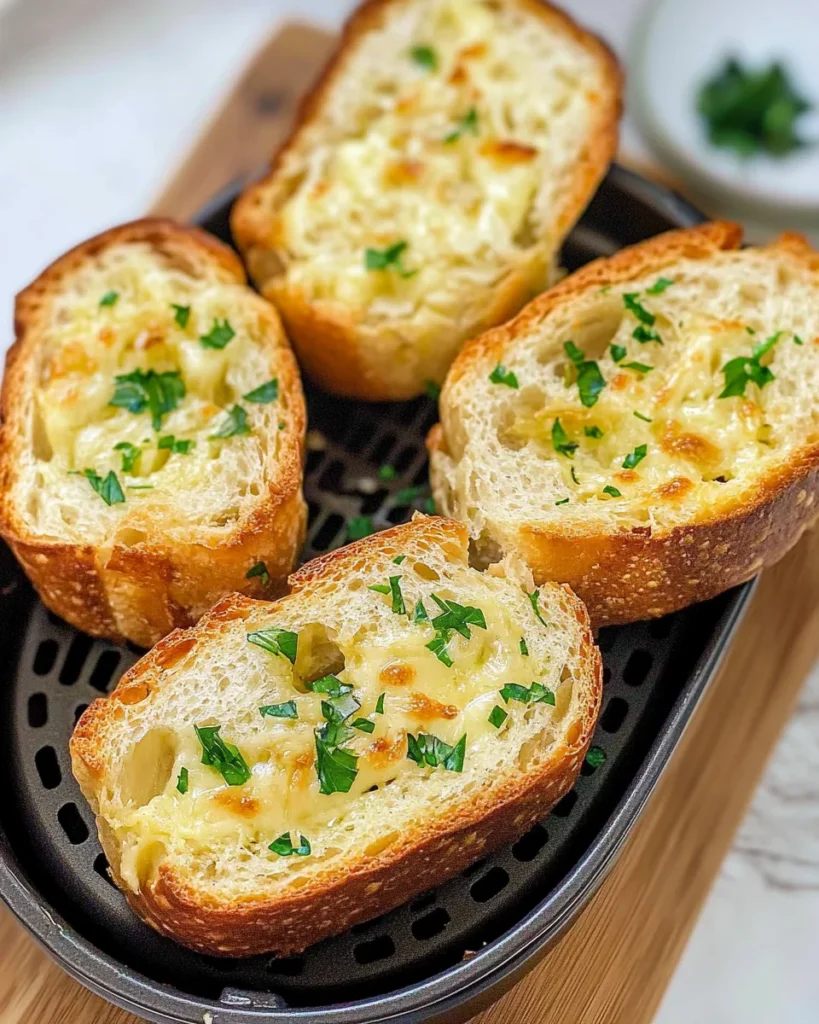 Garlic bread in air fryer with golden crispy edges.