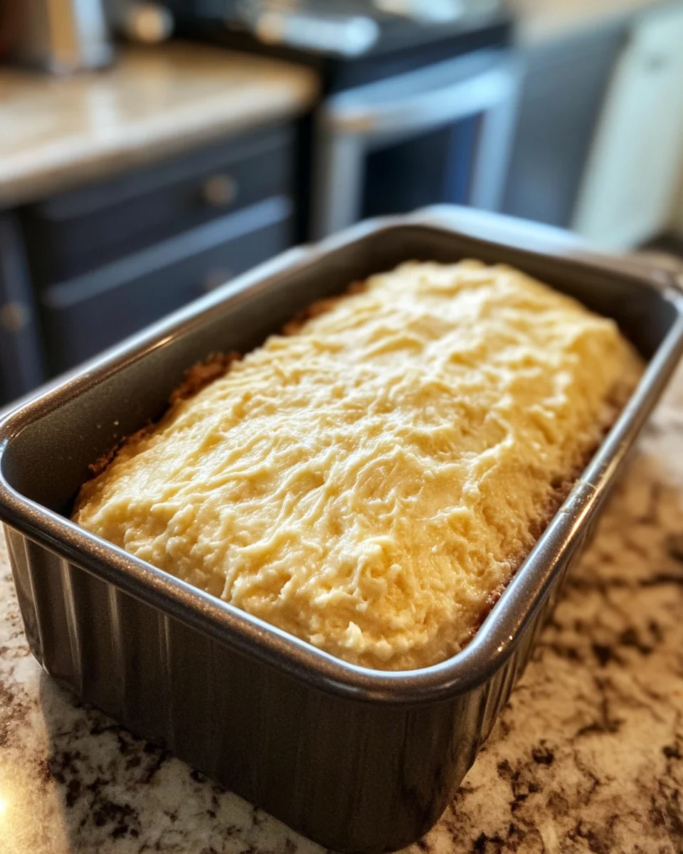 Cottage cheese bread batter in a loaf pan, ready for baking.