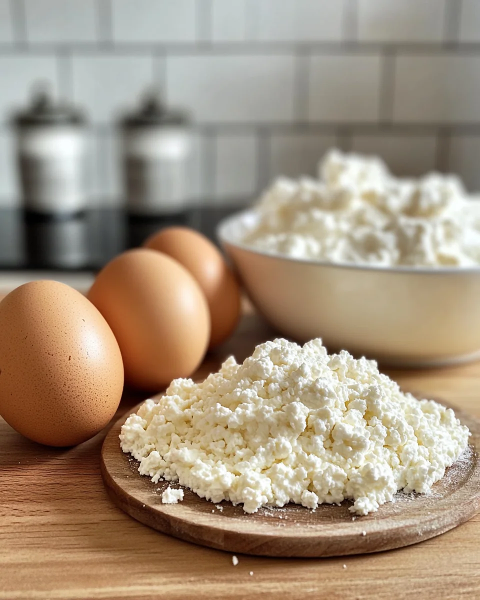 Ingredients for cottage cheese bread including cottage cheese, eggs, and almond flour.