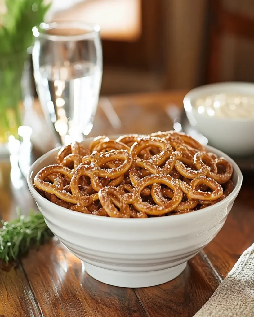Bowl of golden gluten free pretzels with coarse salt