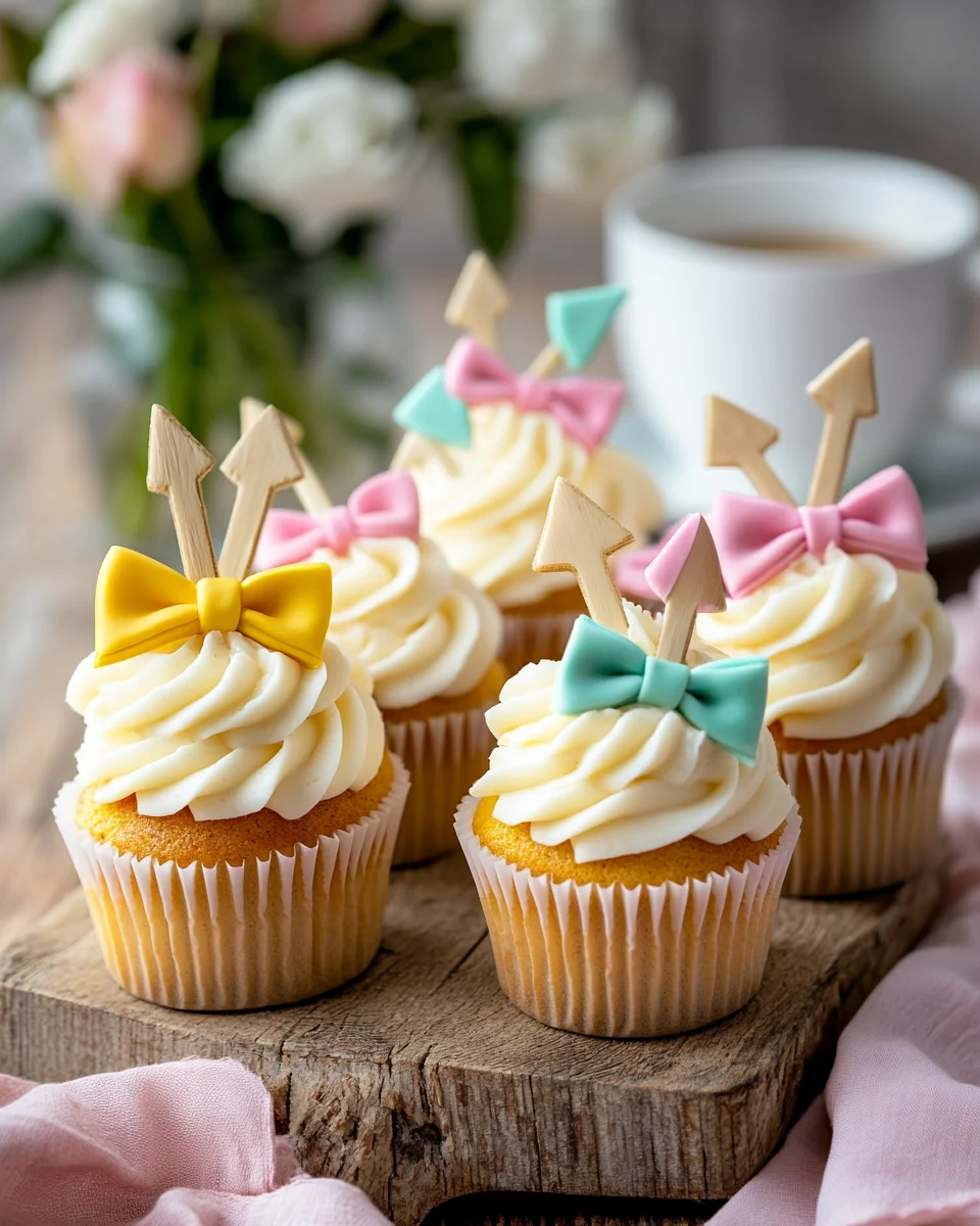 Chocolate bow arrow cupcakes displayed