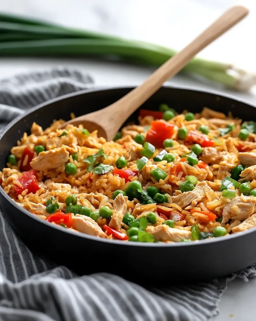 Skillet of fried rice with chicken, peas, carrots, and green onions, topped with fresh garnishes.