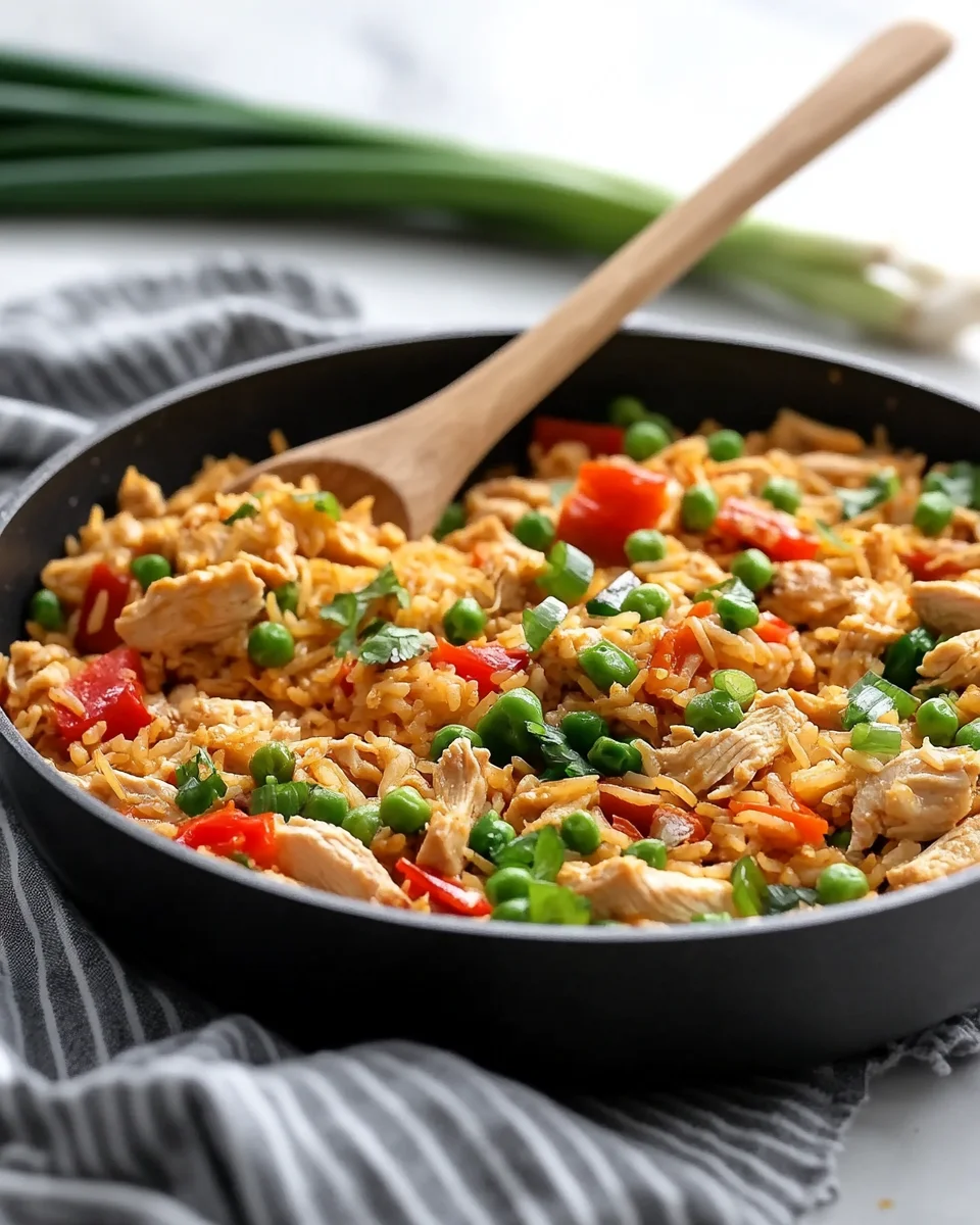 Skillet of fried rice with chicken, peas, carrots, and green onions, topped with fresh garnishes.
