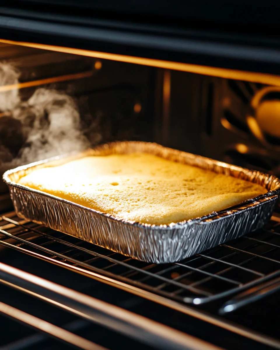 A freshly baked golden kefir sheet cake in a foil pan inside the oven, with steam rising.