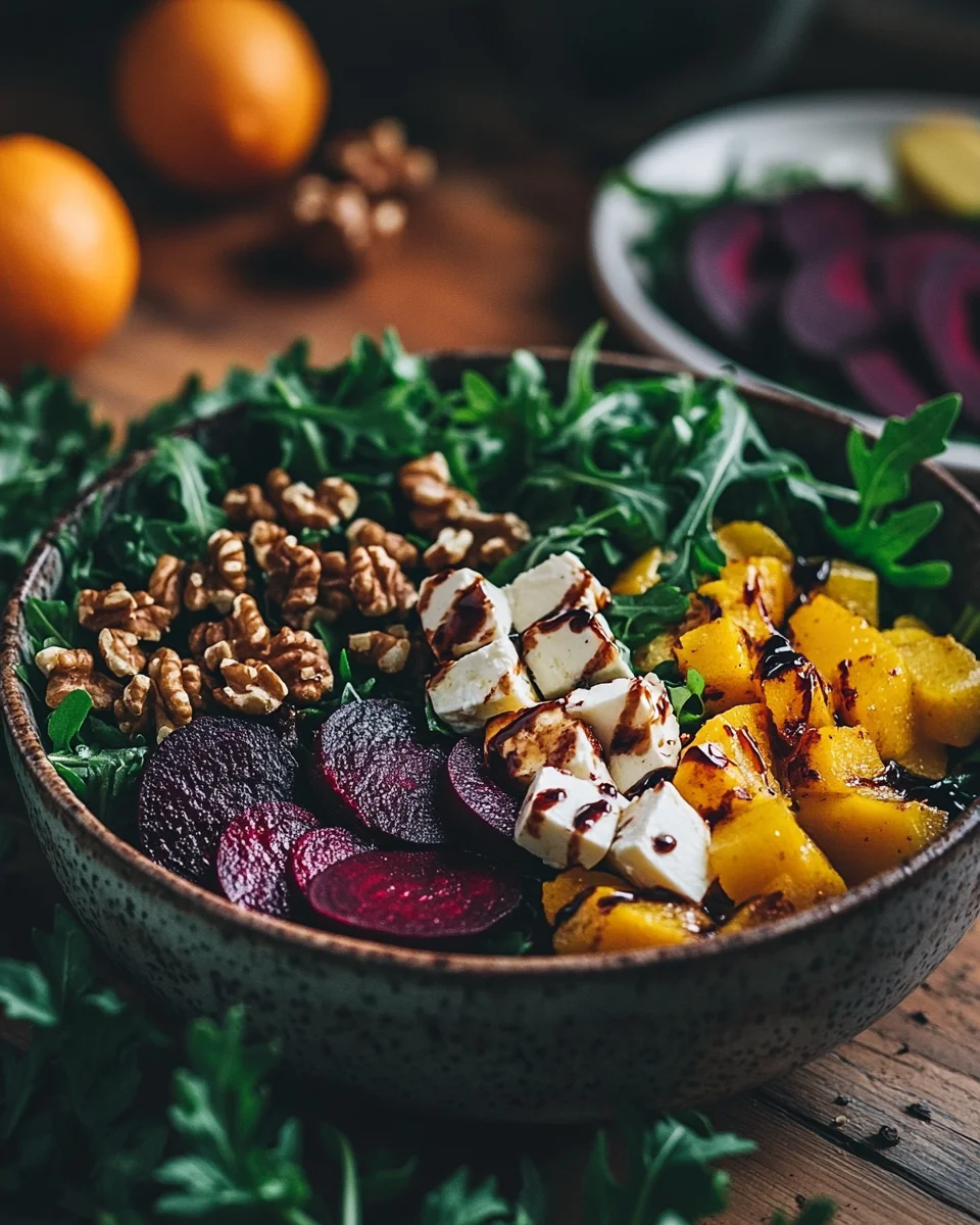 Balthazar beet salad recipe with roasted beets, goat cheese, and walnuts.