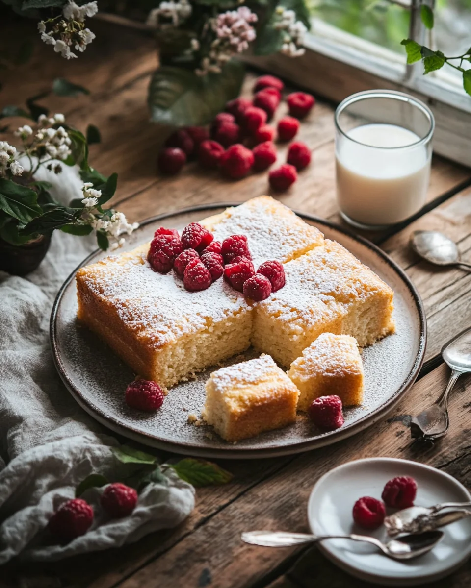 A sliced kefir sheet cake topped with powdered sugar and fresh raspberries, served on a wooden table with milk.